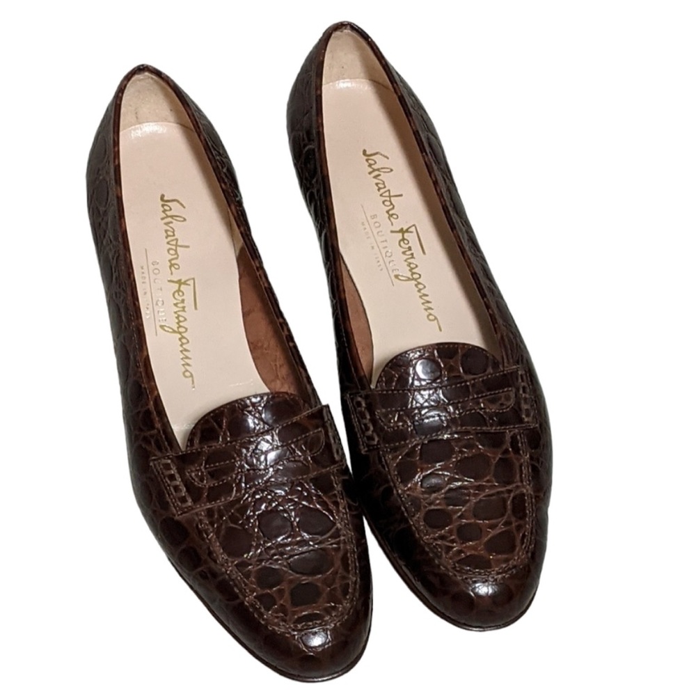 Ferragamo crocodile embossed brown loafers